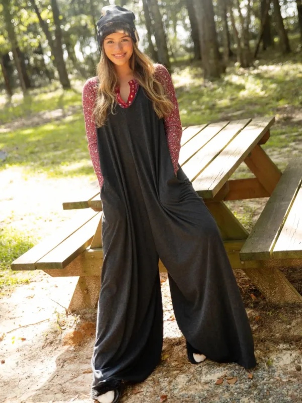 Natural Life Wide leg Jumpsuit One Size Charcoal Sleeveless V Neck Casual Lounge - Picture 4 of 11